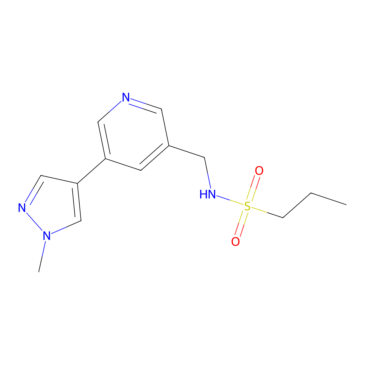 N-((5-(1-methyl-1H-pyrazol-4-yl)pyridin-3-yl)methyl)propane-1-sulfonamide molecular structure, CAS 2034310-56-8