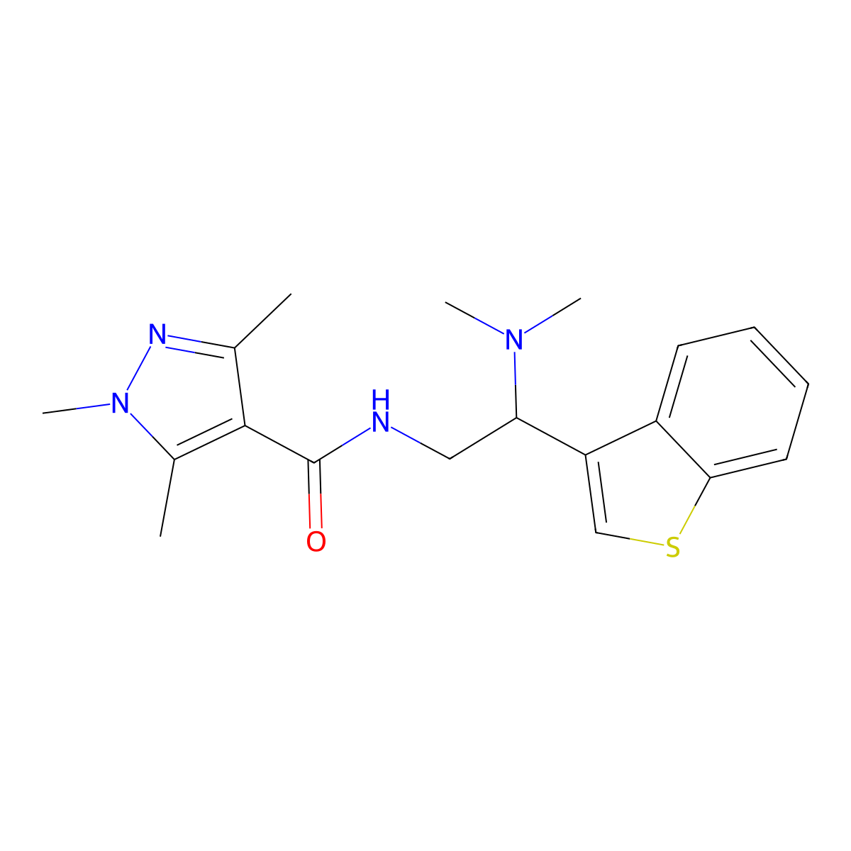 N-(2-(benzo[b]thiophen-3-yl)-2-(dimethylamino)ethyl)-1,3,5-trimethyl-1H-pyrazole-4-carboxamide molecular structure, CAS 2034310-65-9