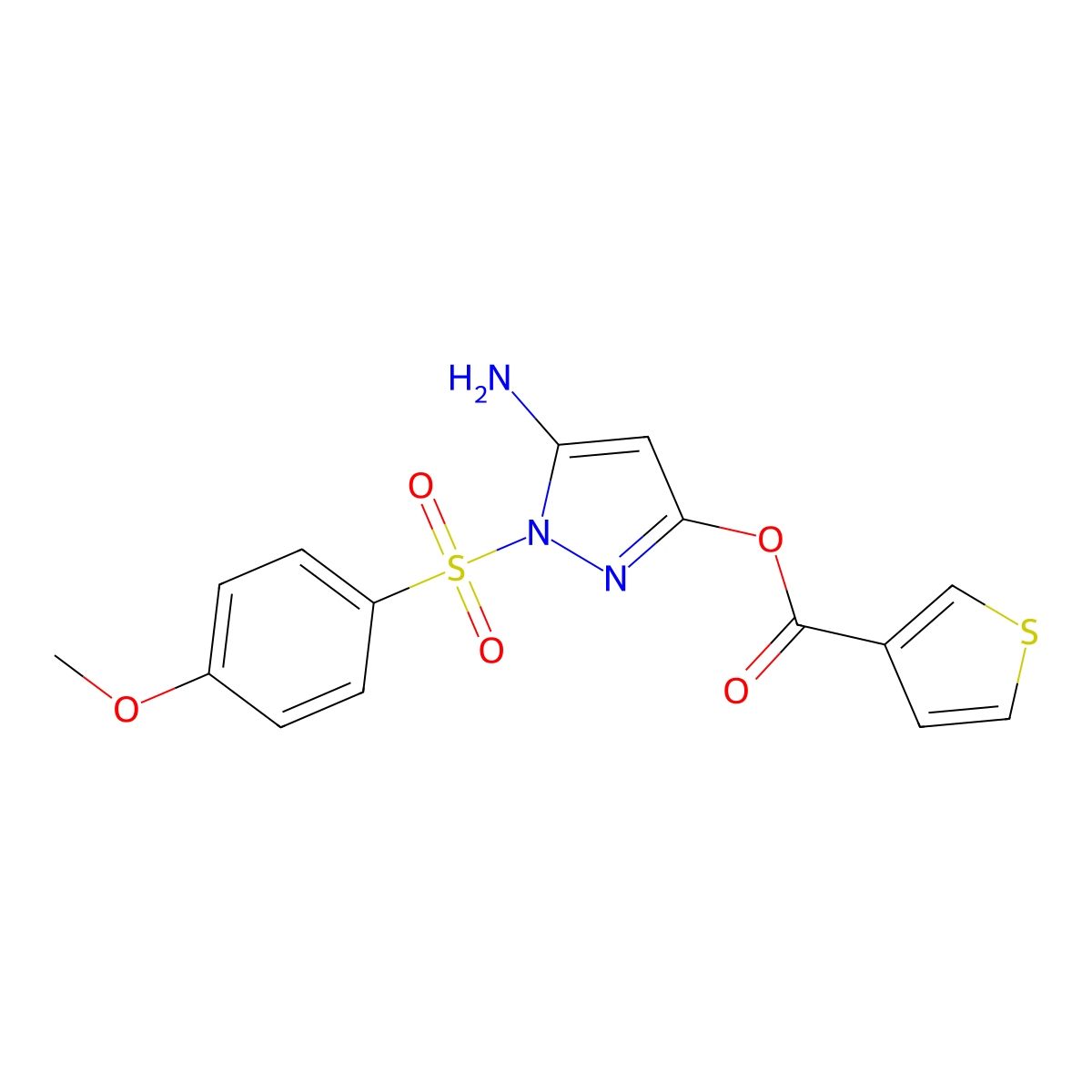 5-amino-1-((4-methoxyphenyl)sulfonyl)-1H-pyrazol-3-yl thiophene-3-carboxylate molecular structure, CAS 2034310-67-1