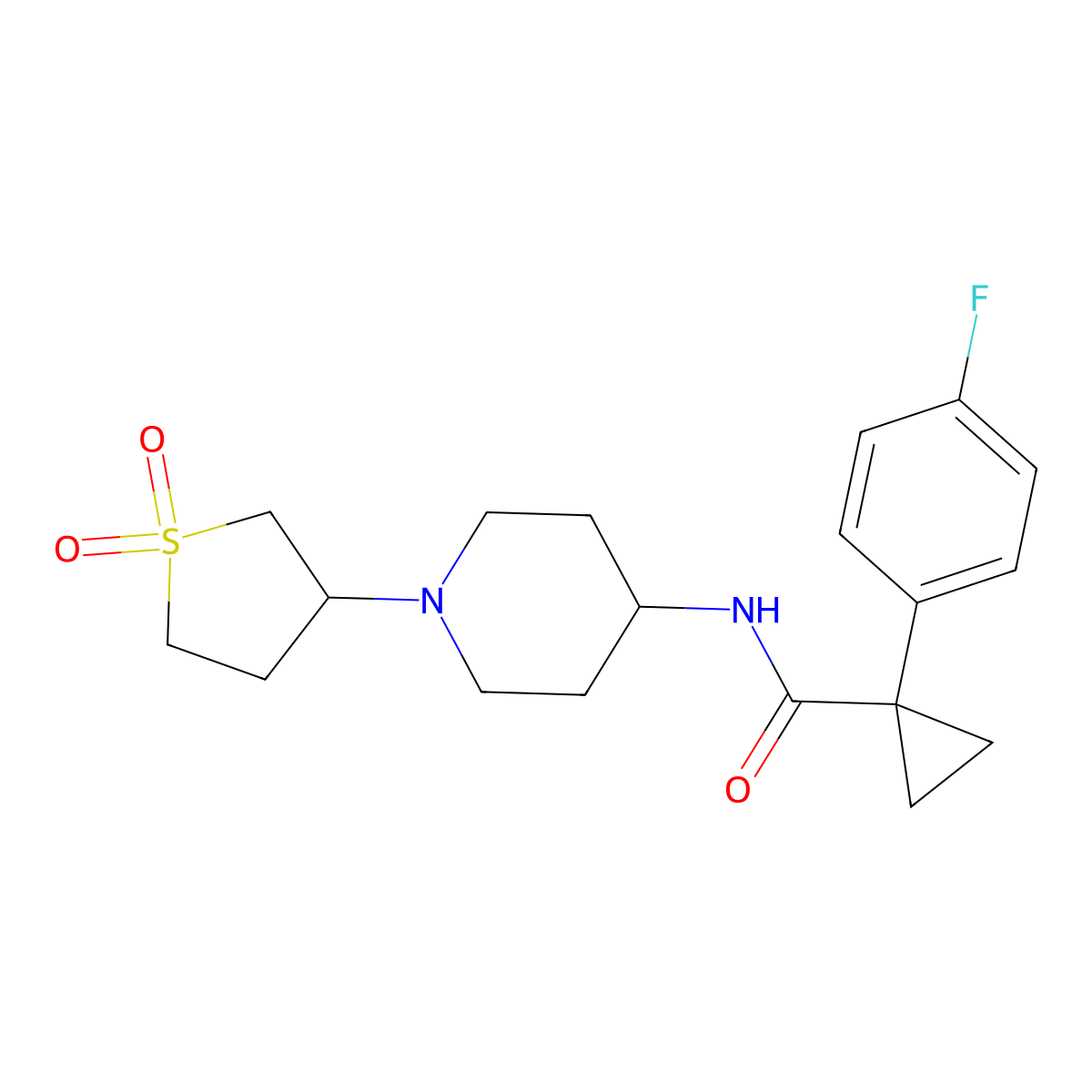 N-(1-(1,1-dioxidotetrahydrothiophen-3-yl)piperidin-4-yl)-1-(4-fluorophenyl)cyclopropanecarboxamide molecular structure, CAS 2034310-83-1