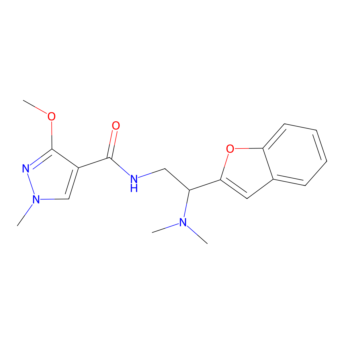 N-(2-(benzofuran-2-yl)-2-(dimethylamino)ethyl)-3-methoxy-1-methyl-1H-pyrazole-4-carboxamide molecular structure, CAS 2034310-96-6