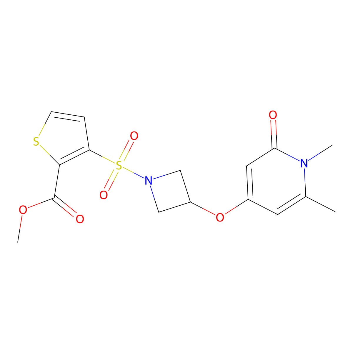 Methyl 3-((3-((1,6-dimethyl-2-oxo-1,2-dihydropyridin-4-yl)oxy)azetidin-1-yl)sulfonyl)thiophene-2-carboxylate molecular structure, CAS 2034310-97-7