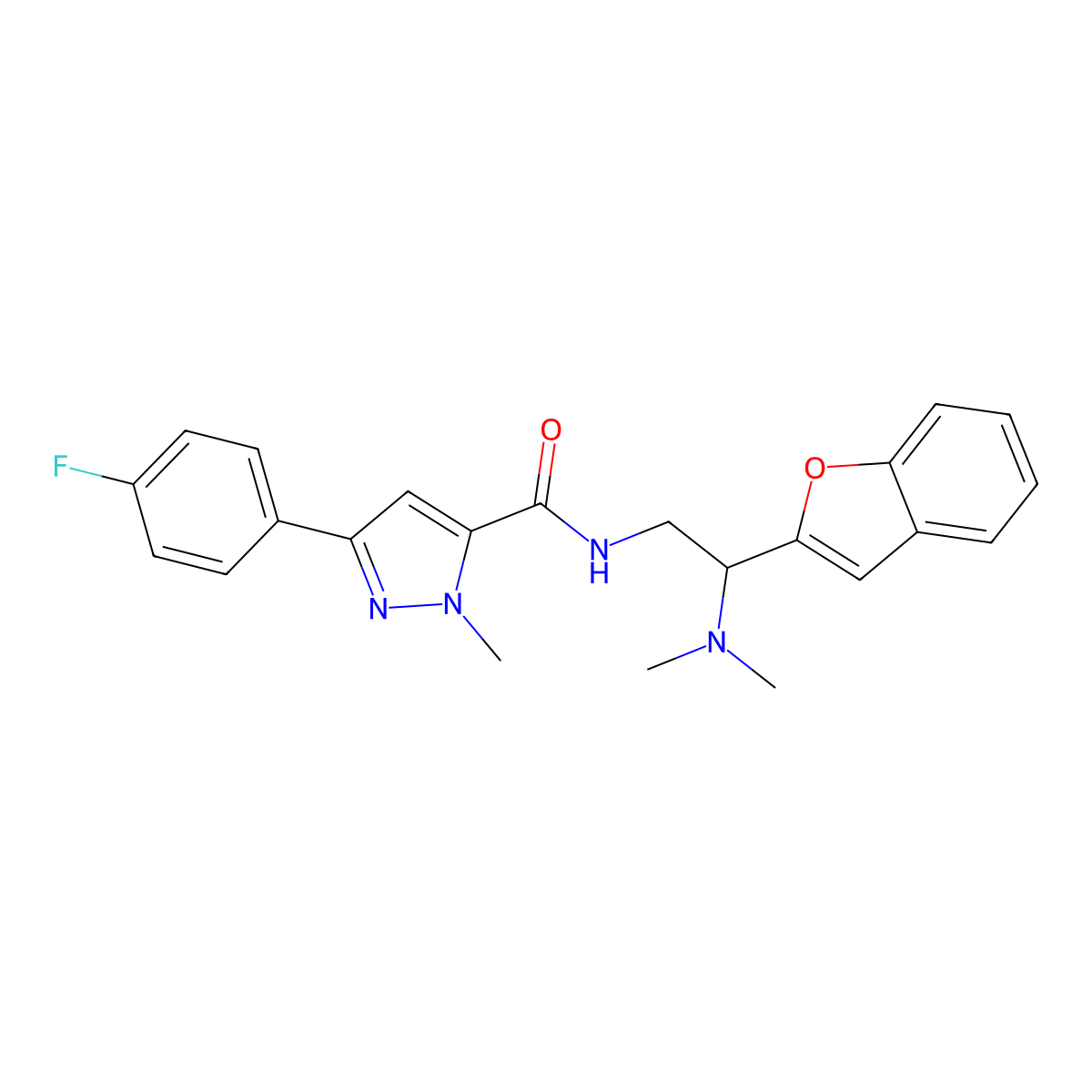 N-(2-(benzofuran-2-yl)-2-(dimethylamino)ethyl)-3-(4-fluorophenyl)-1-methyl-1H-pyrazole-5-carboxamide molecular structure, CAS 2034311-28-7