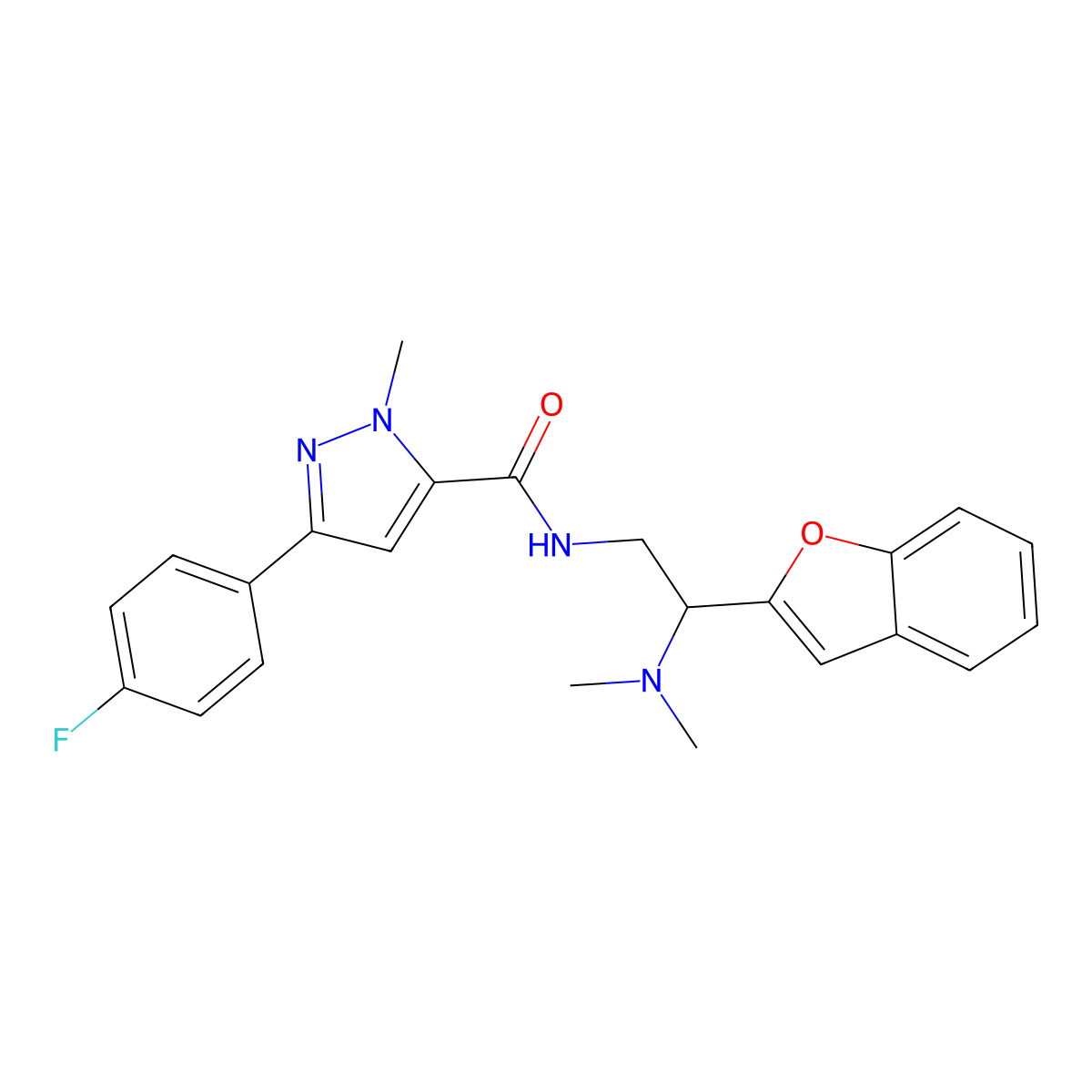 N-(2-(benzofuran-2-yl)-2-(dimethylamino)ethyl)-3-(4-fluorophenyl)-1-methyl-1H-pyrazole-5-carboxamide molecular structure, CAS 2034311-28-7