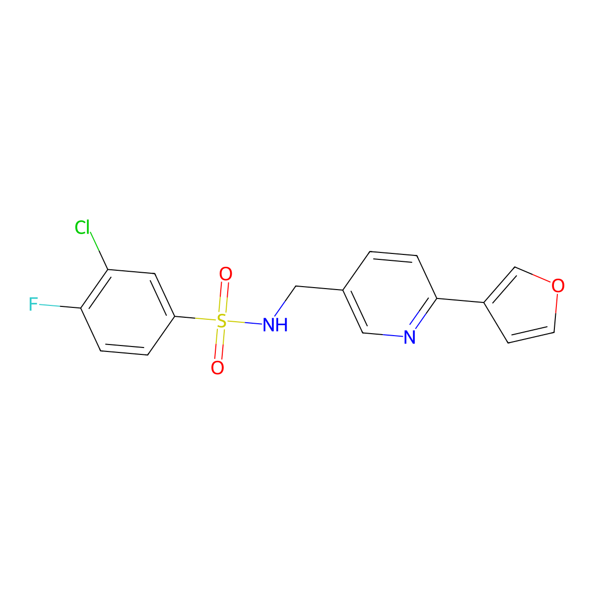 3-chloro-4-fluoro-N-((6-(furan-3-yl)pyridin-3-yl)methyl)benzenesulfonamide molecular structure, CAS 2034311-57-2