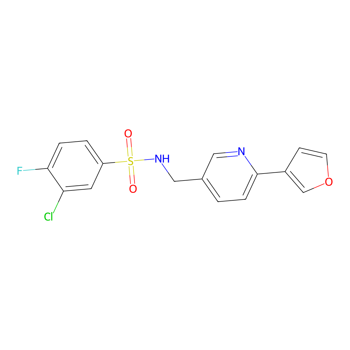 3-chloro-4-fluoro-N-((6-(furan-3-yl)pyridin-3-yl)methyl)benzenesulfonamide molecular structure, CAS 2034311-57-2