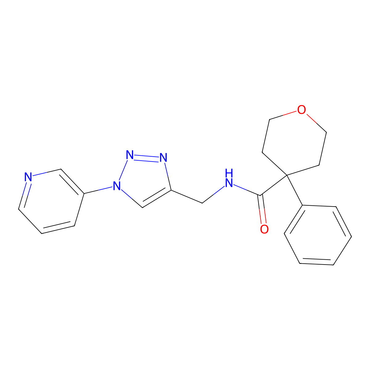 4-phenyl-N-((1-(pyridin-3-yl)-1H-1,2,3-triazol-4-yl)methyl)tetrahydro-2H-pyran-4-carboxamide molecular structure, CAS 2034311-60-7
