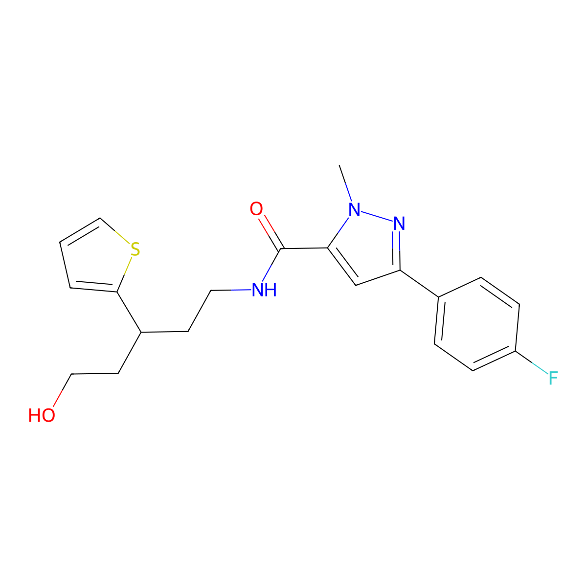 3-(4-fluorophenyl)-N-[5-hydroxy-3-(thiophen-2-yl)pentyl]-1-methyl-1H-pyrazole-5-carboxamide molecular structure, CAS 2034312-08-6