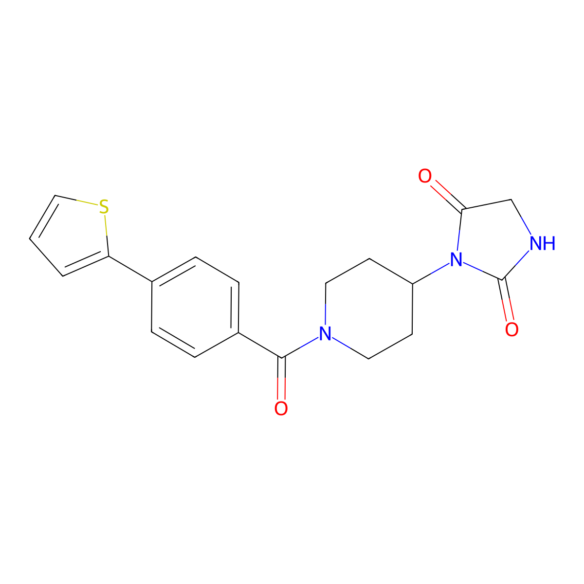 3-{1-[4-(Thiophen-2-yl)benzoyl]piperidin-4-yl}imidazolidine-2,4-dione molecular structure, CAS 2034312-11-1