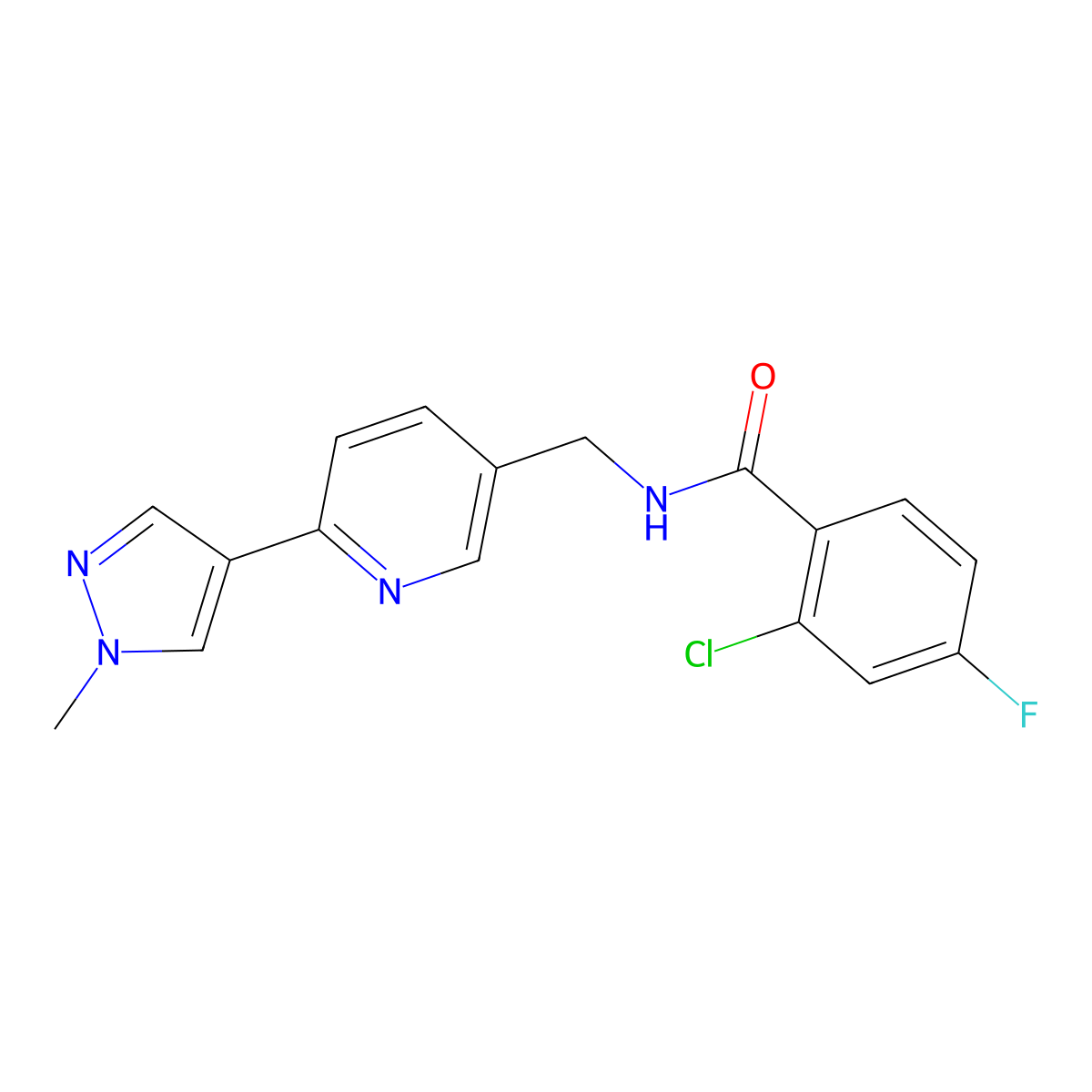 2-chloro-4-fluoro-N-((6-(1-methyl-1H-pyrazol-4-yl)pyridin-3-yl)methyl)benzamide molecular structure, CAS 2034312-13-3