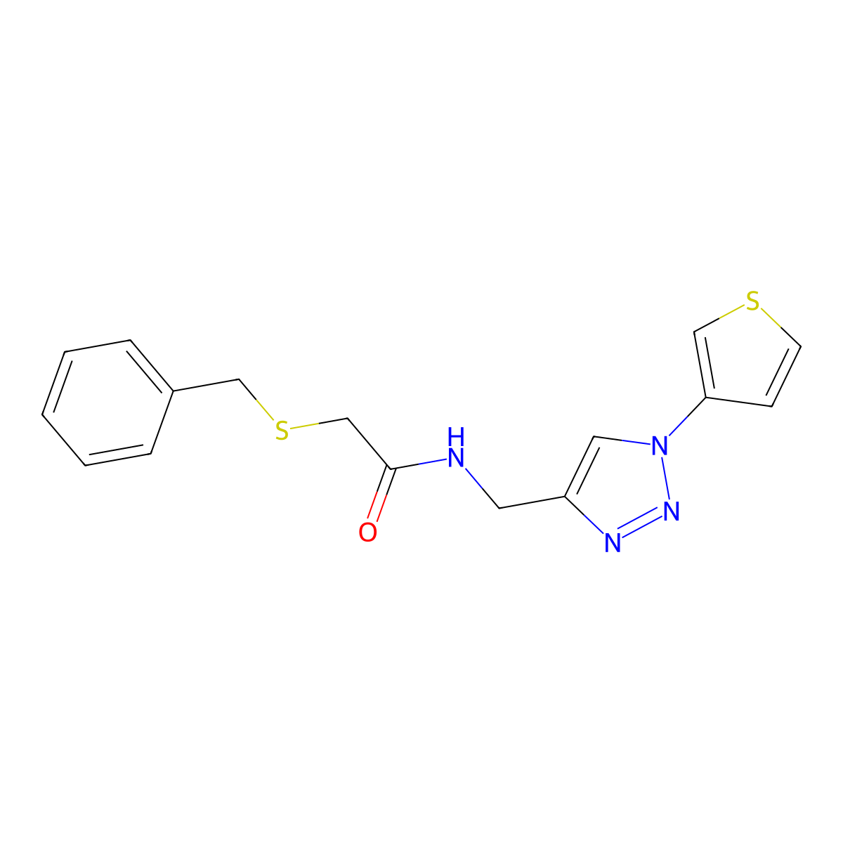 2-(benzylthio)-N-((1-(thiophen-3-yl)-1H-1,2,3-triazol-4-yl)methyl)acetamide molecular structure, CAS 2034312-17-7