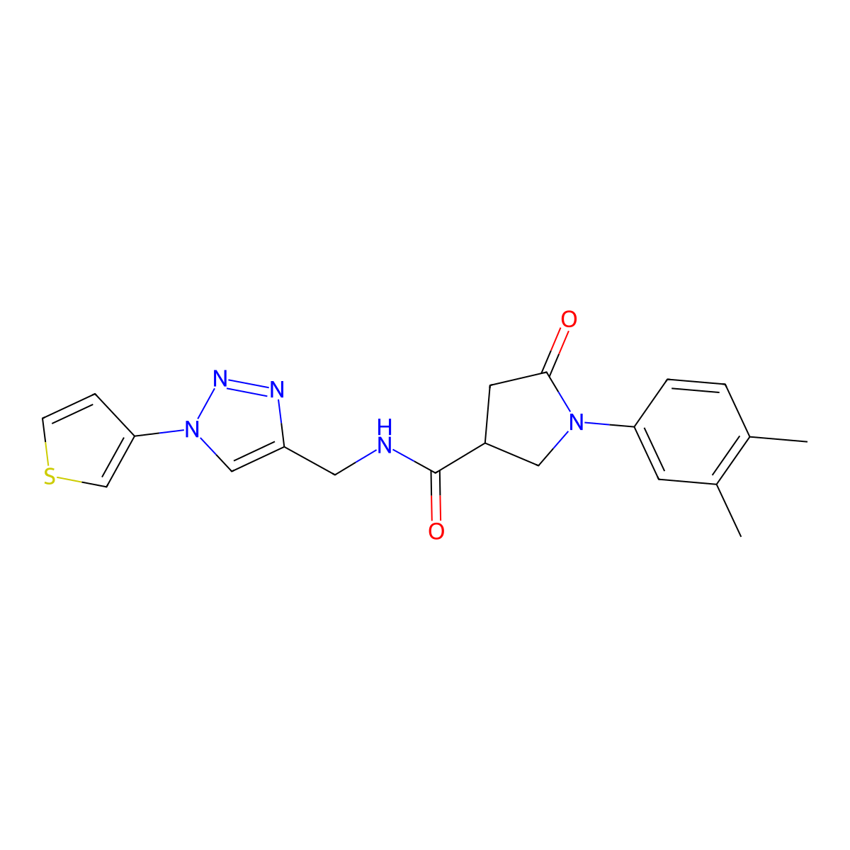 1-(3,4-dimethylphenyl)-5-oxo-N-((1-(thiophen-3-yl)-1H-1,2,3-triazol-4-yl)methyl)pyrrolidine-3-carboxamide molecular structure, CAS 2034312-27-9