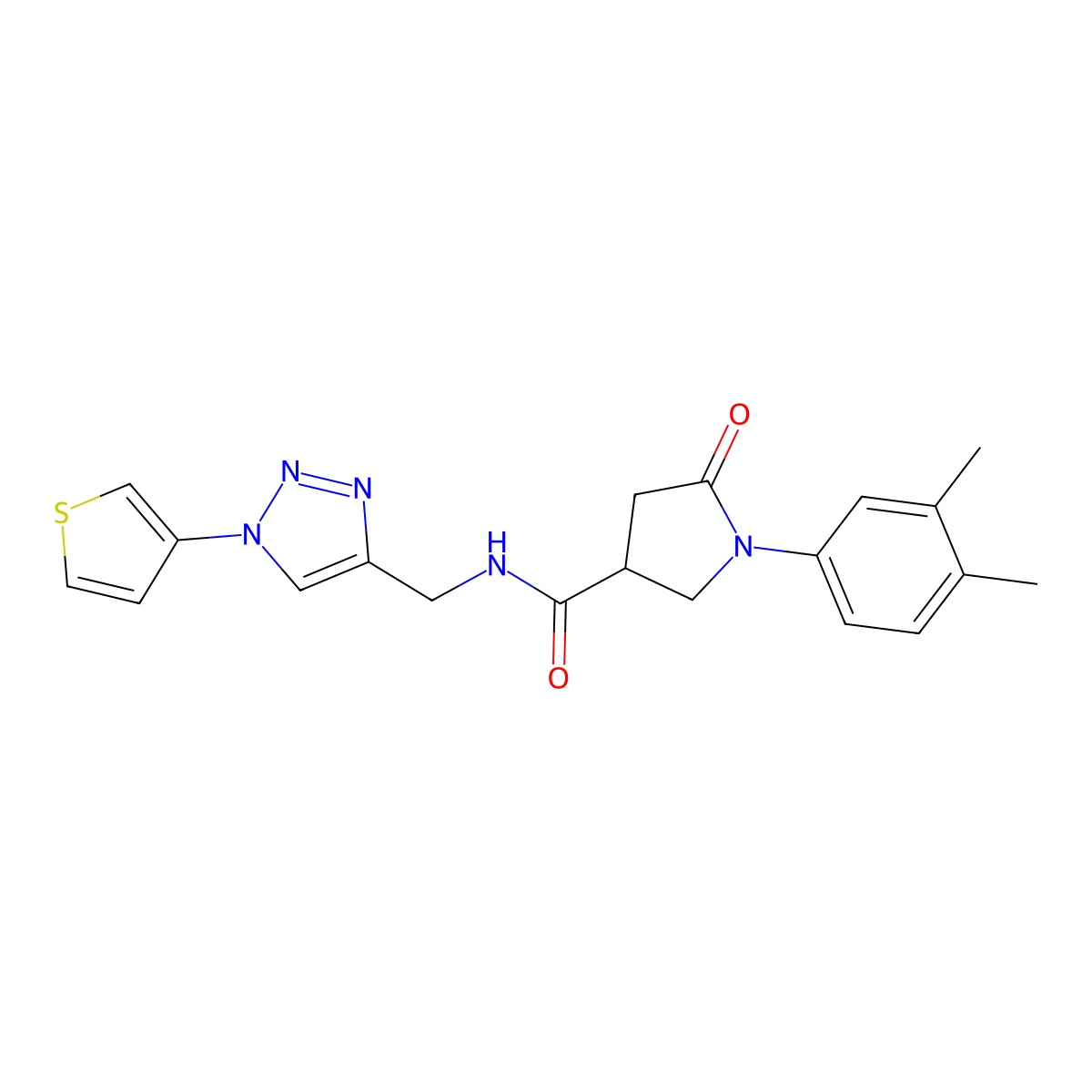 1-(3,4-dimethylphenyl)-5-oxo-N-((1-(thiophen-3-yl)-1H-1,2,3-triazol-4-yl)methyl)pyrrolidine-3-carboxamide molecular structure, CAS 2034312-27-9