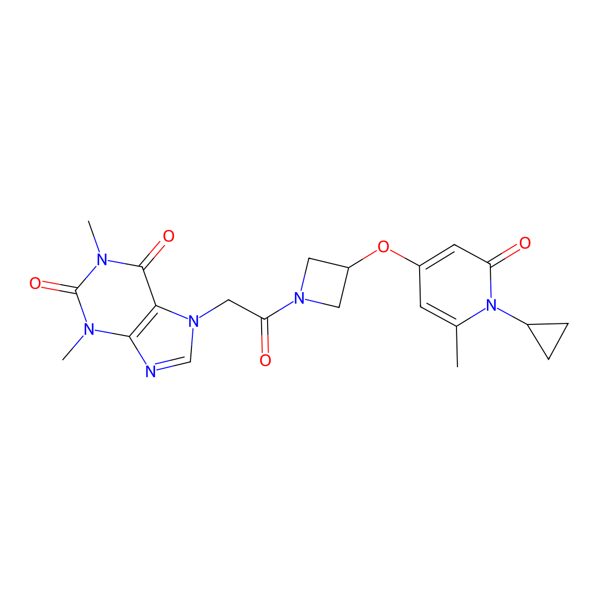 7-(2-(3-((1-cyclopropyl-6-methyl-2-oxo-1,2-dihydropyridin-4-yl)oxy)azetidin-1-yl)-2-oxoethyl)-1,3-dimethyl-1H-purine-2,6(3H,7H)-dione molecular structure, CAS 2034312-34-8