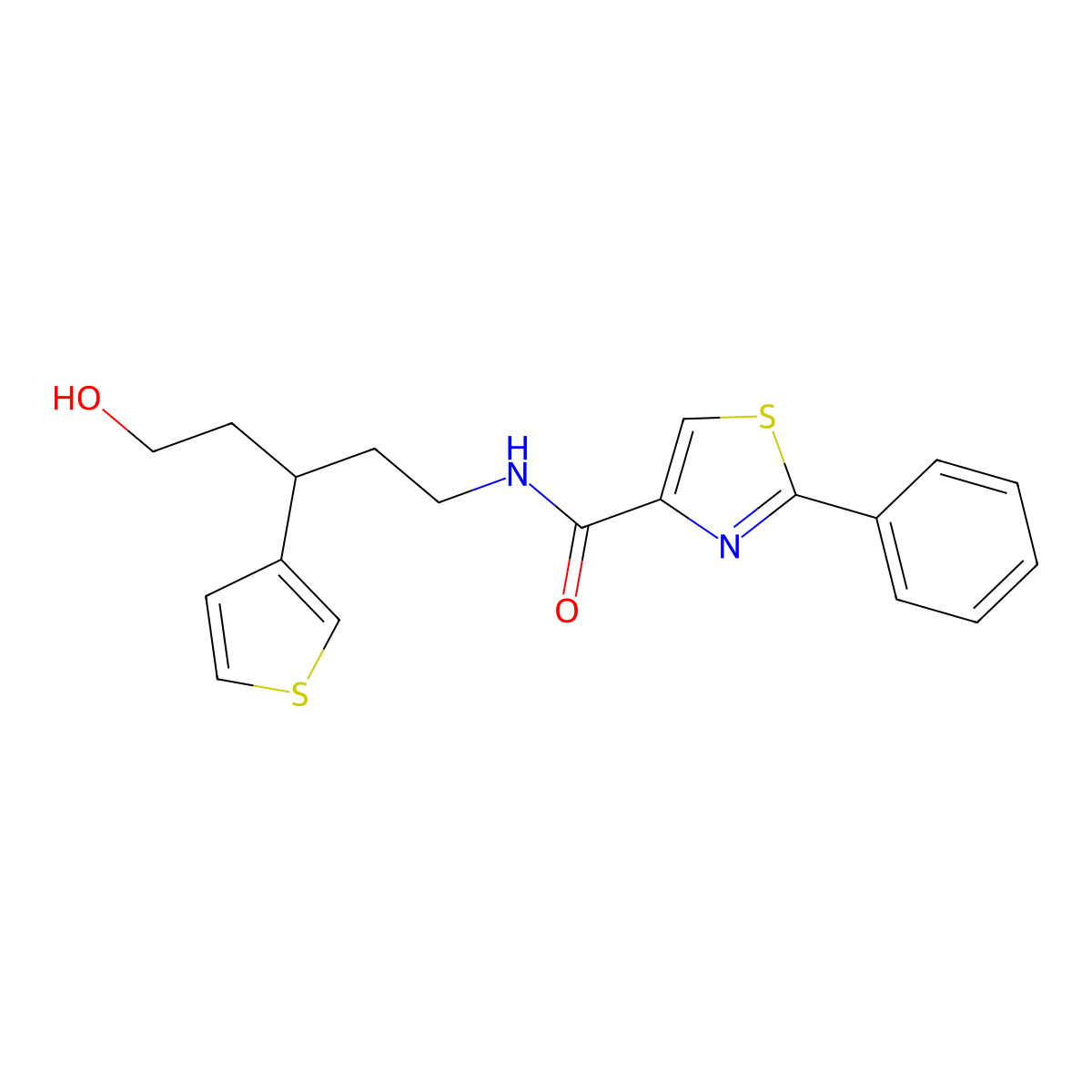 N-(5-hydroxy-3-(thiophen-3-yl)pentyl)-2-phenylthiazole-4-carboxamide molecular structure, CAS 2034312-36-0
