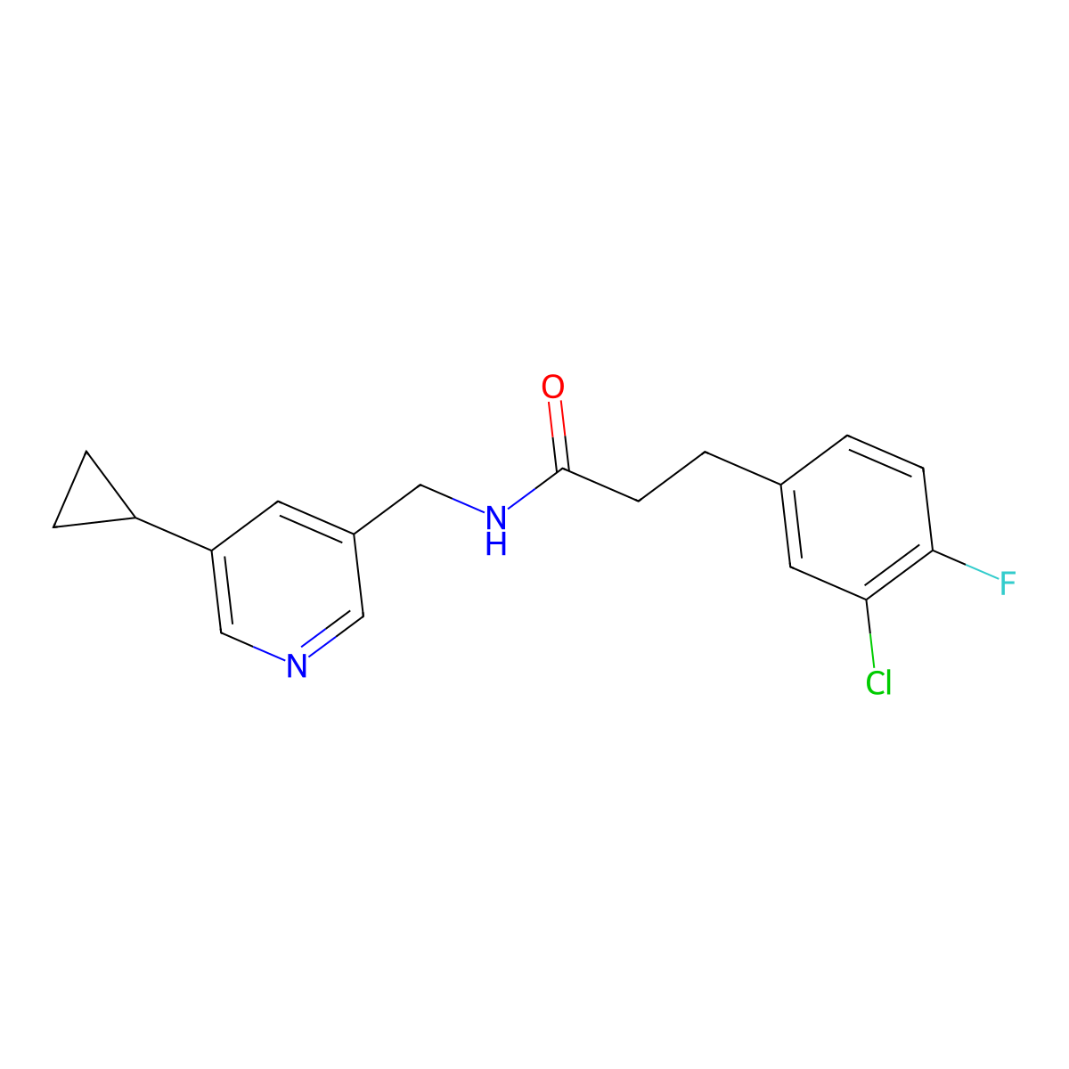 3-(3-chloro-4-fluorophenyl)-N-[(5-cyclopropylpyridin-3-yl)methyl]propanamide molecular structure, CAS 2034312-46-2