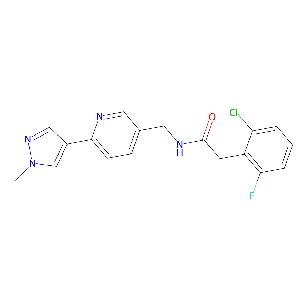 2-(2-chloro-6-fluorophenyl)-N-((6-(1-methyl-1H-pyrazol-4-yl)pyridin-3-yl)methyl)acetamide molecular structure, CAS 2034312-60-0