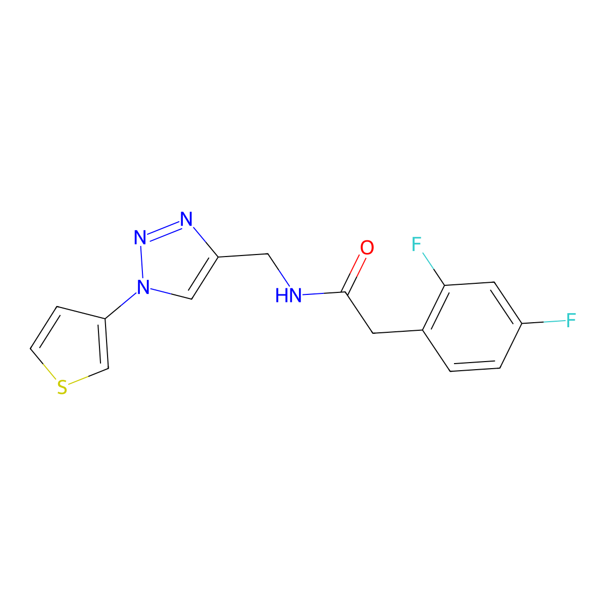2-(2,4-difluorophenyl)-N-{[1-(thiophen-3-yl)-1H-1,2,3-triazol-4-yl]methyl}acetamide molecular structure, CAS 2034312-62-2