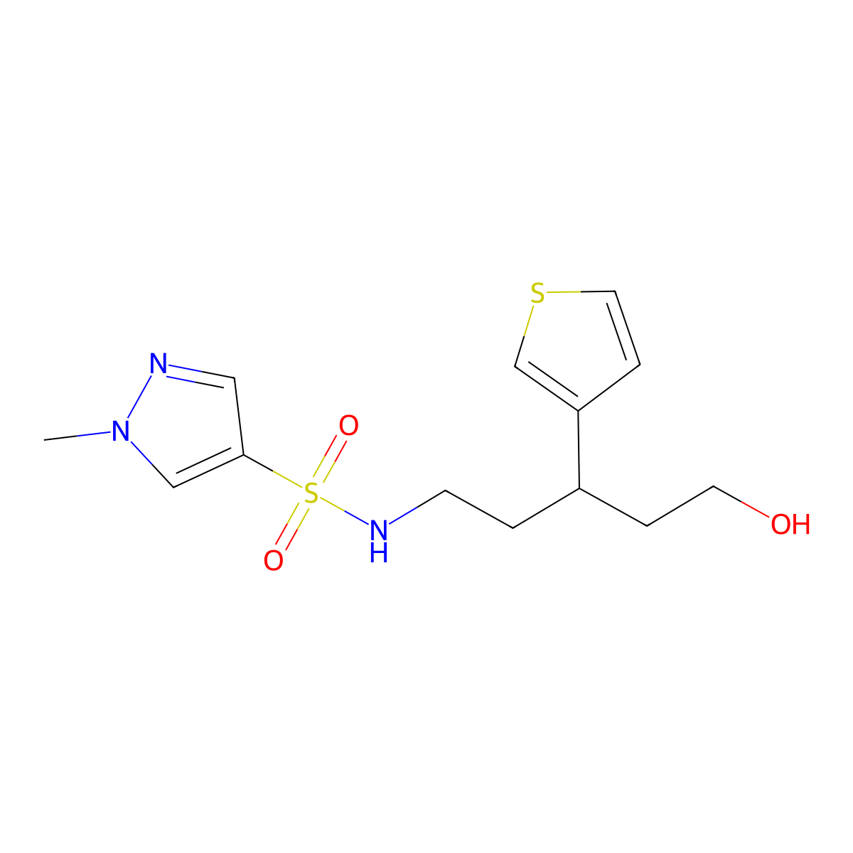 N-(5-hydroxy-3-(thiophen-3-yl)pentyl)-1-methyl-1H-pyrazole-4-sulfonamide molecular structure, CAS 2034312-68-8