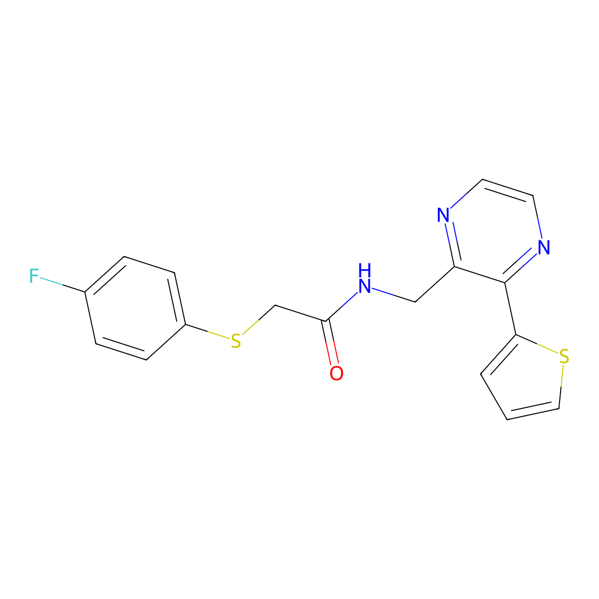 2-((4-fluorophenyl)thio)-N-((3-(thiophen-2-yl)pyrazin-2-yl)methyl)acetamide molecular structure, CAS 2034312-72-4