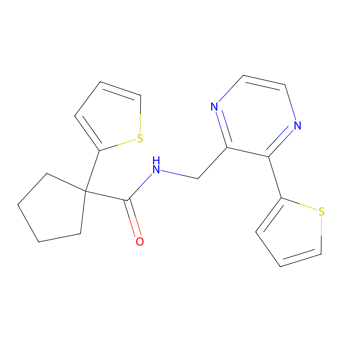 1-(thiophen-2-yl)-N-((3-(thiophen-2-yl)pyrazin-2-yl)methyl)cyclopentanecarboxamide molecular structure, CAS 2034312-75-7