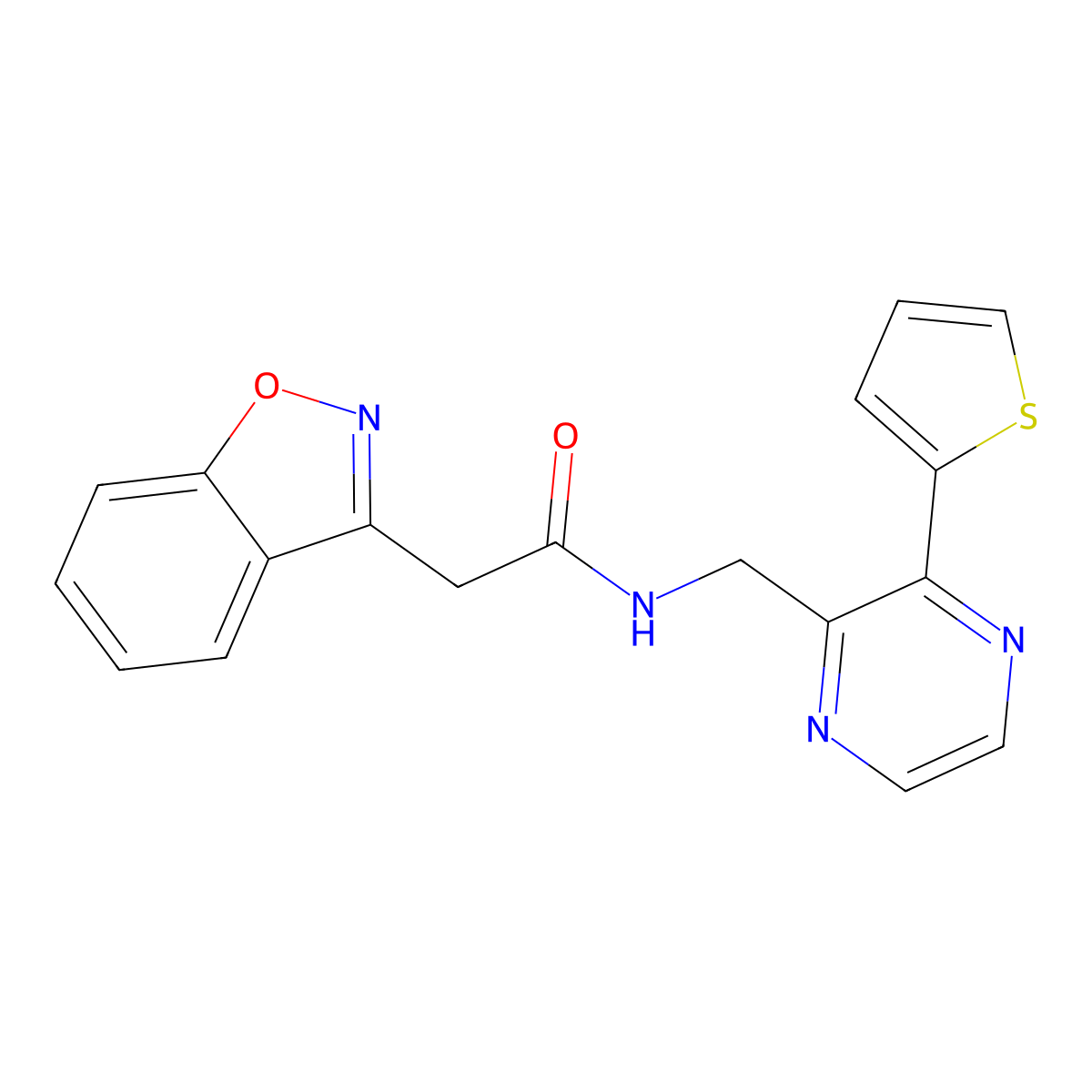 2-(benzo[d]isoxazol-3-yl)-N-((3-(thiophen-2-yl)pyrazin-2-yl)methyl)acetamide molecular structure, CAS 2034312-88-2