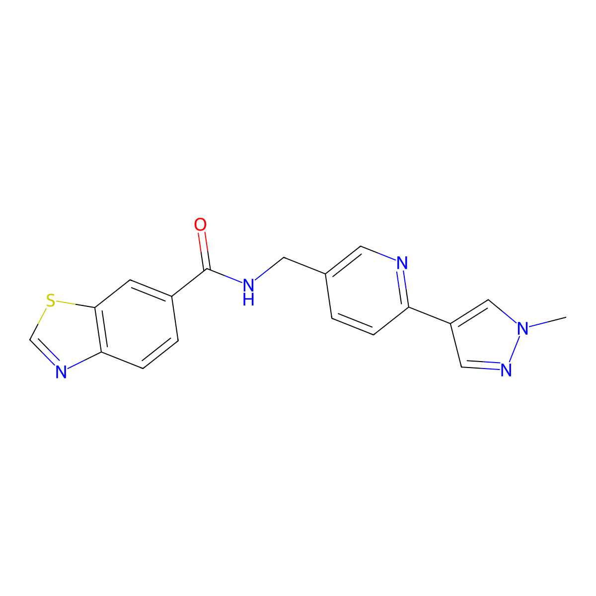 N-((6-(1-methyl-1H-pyrazol-4-yl)pyridin-3-yl)methyl)benzo[d]thiazole-6-carboxamide molecular structure, CAS 2034312-90-6