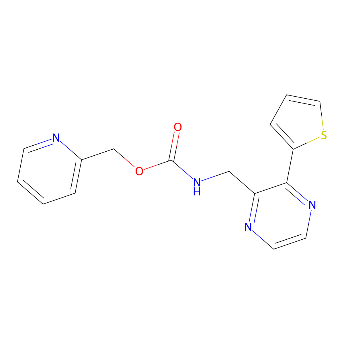 Pyridin-2-ylmethyl ((3-(thiophen-2-yl)pyrazin-2-yl)methyl)carbamate molecular structure, CAS 2034312-98-4