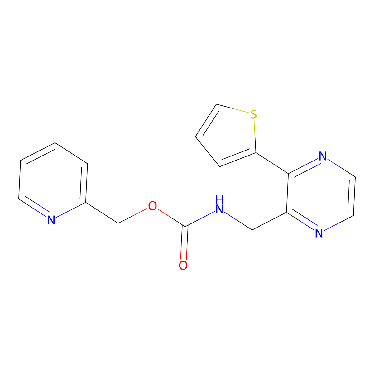 Pyridin-2-ylmethyl ((3-(thiophen-2-yl)pyrazin-2-yl)methyl)carbamate molecular structure, CAS 2034312-98-4