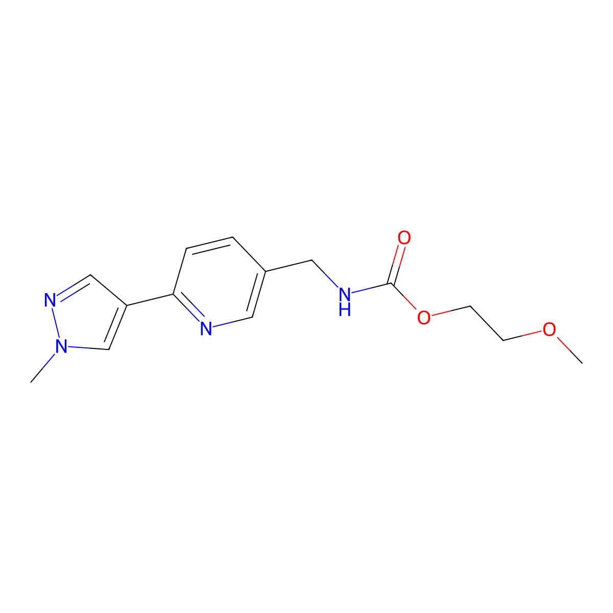2-methoxyethyl ((6-(1-methyl-1H-pyrazol-4-yl)pyridin-3-yl)methyl)carbamate molecular structure, CAS 2034313-08-9