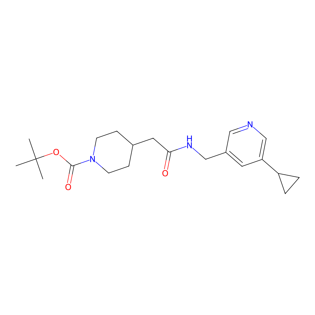 Tert-butyl 4-(2-(((5-cyclopropylpyridin-3-yl)methyl)amino)-2-oxoethyl)piperidine-1-carboxylate molecular structure, CAS 2034313-09-0