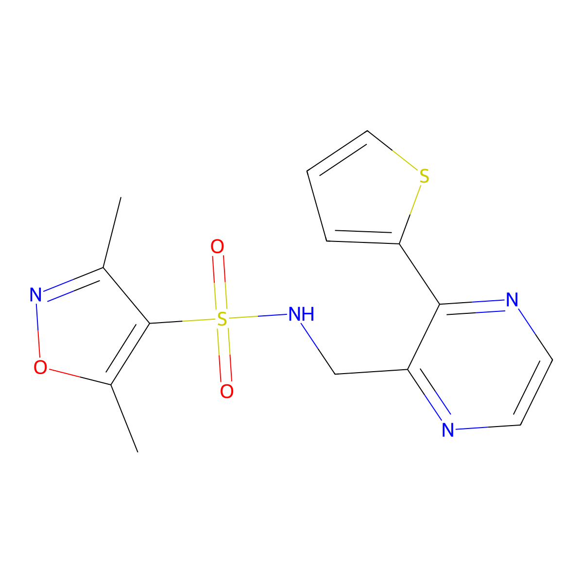 3,5-dimethyl-N-((3-(thiophen-2-yl)pyrazin-2-yl)methyl)isoxazole-4-sulfonamide molecular structure, CAS 2034313-43-2