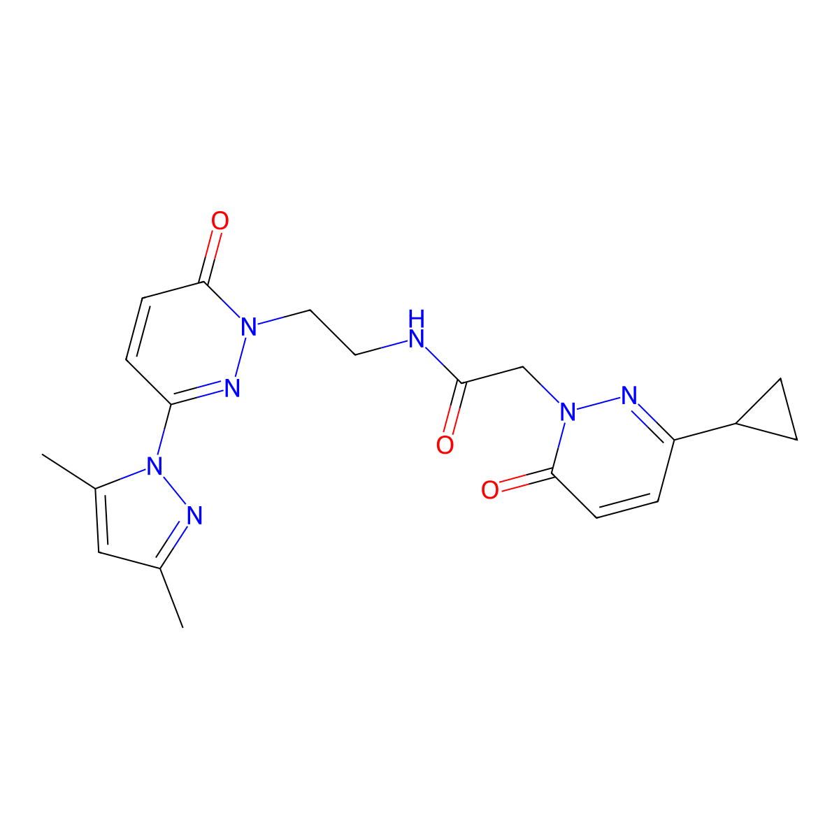 2-(3-cyclopropyl-6-oxopyridazin-1(6H)-yl)-N-(2-(3-(3,5-dimethyl-1H-pyrazol-1-yl)-6-oxopyridazin-1(6H)-yl)ethyl)acetamide molecular structure, CAS 2034313-54-5