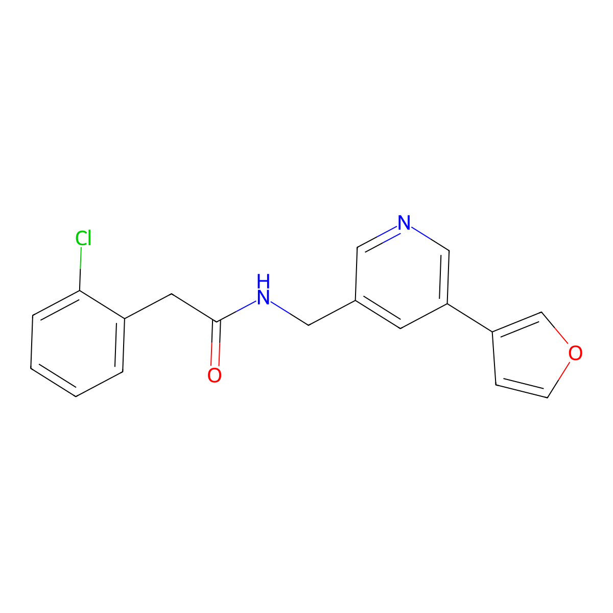 2-(2-chlorophenyl)-N-((5-(furan-3-yl)pyridin-3-yl)methyl)acetamide molecular structure, CAS 2034313-71-6