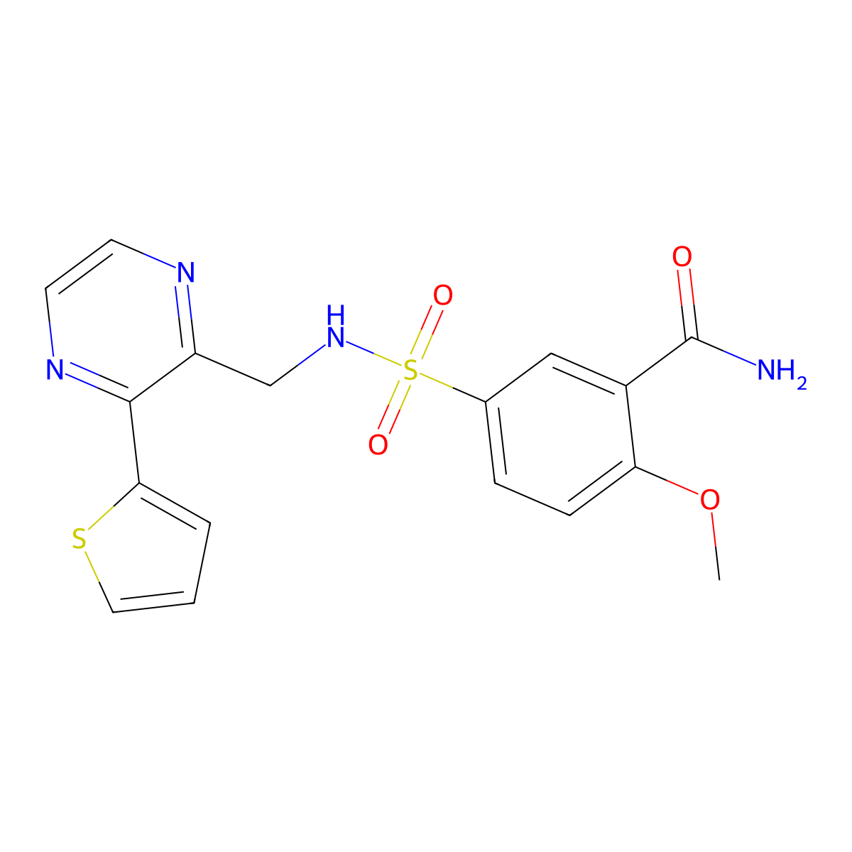 2-methoxy-5-(N-((3-(thiophen-2-yl)pyrazin-2-yl)methyl)sulfamoyl)benzamide molecular structure, CAS 2034313-73-8