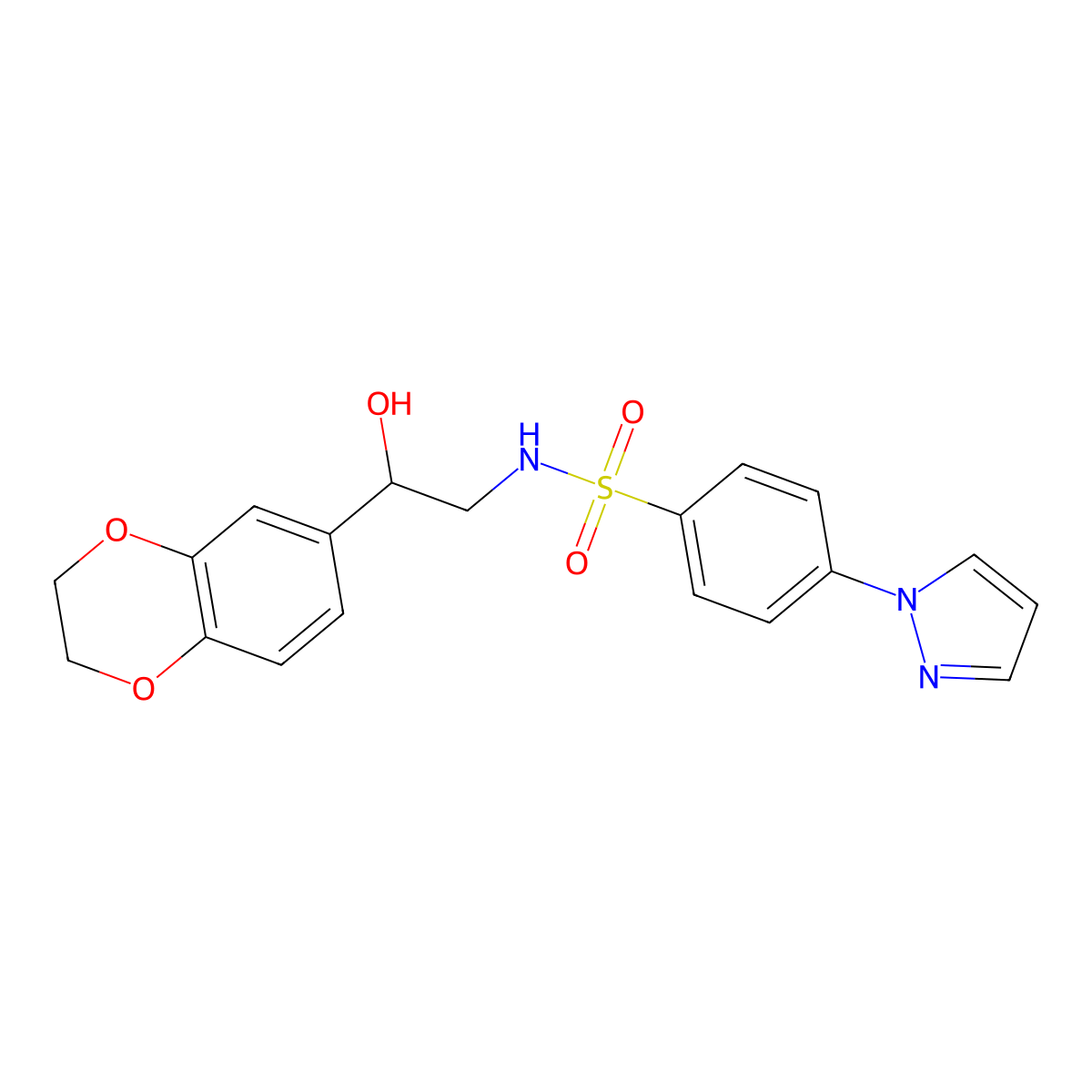 N-(2-(2,3-dihydrobenzo[b][1,4]dioxin-6-yl)-2-hydroxyethyl)-4-(1H-pyrazol-1-yl)benzenesulfonamide molecular structure, CAS 2034313-83-0