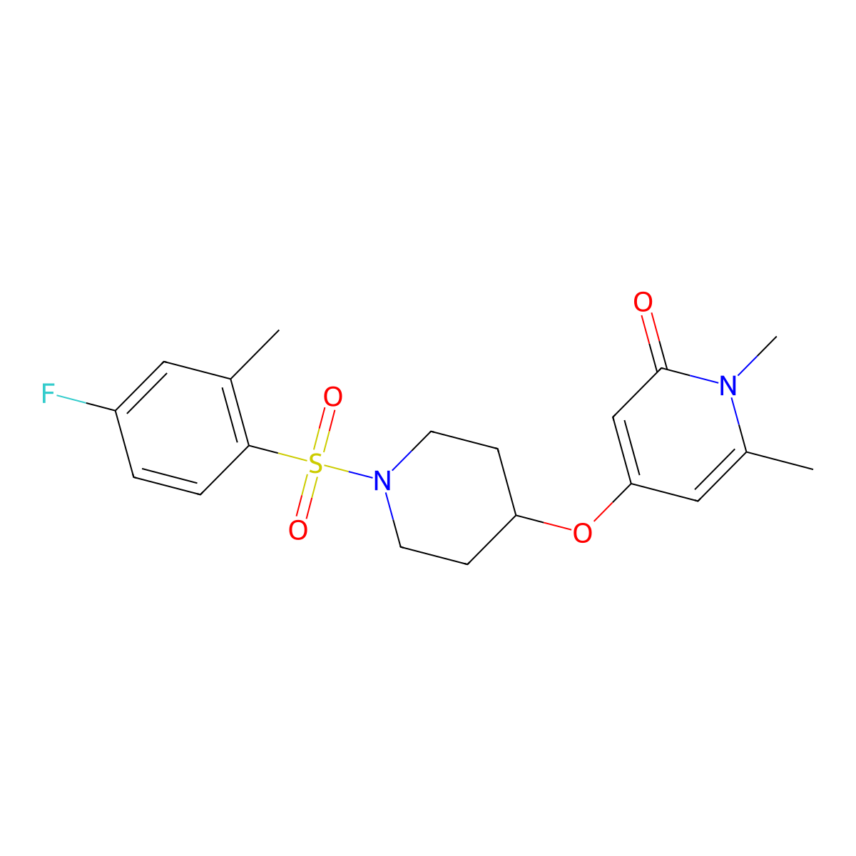 4-((1-((4-fluoro-2-methylphenyl)sulfonyl)piperidin-4-yl)oxy)-1,6-dimethylpyridin-2(1H)-one molecular structure, CAS 2034313-90-9