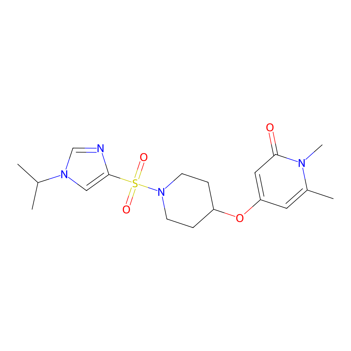4-((1-((1-isopropyl-1H-imidazol-4-yl)sulfonyl)piperidin-4-yl)oxy)-1,6-dimethylpyridin-2(1H)-one molecular structure, CAS 2034314-05-9