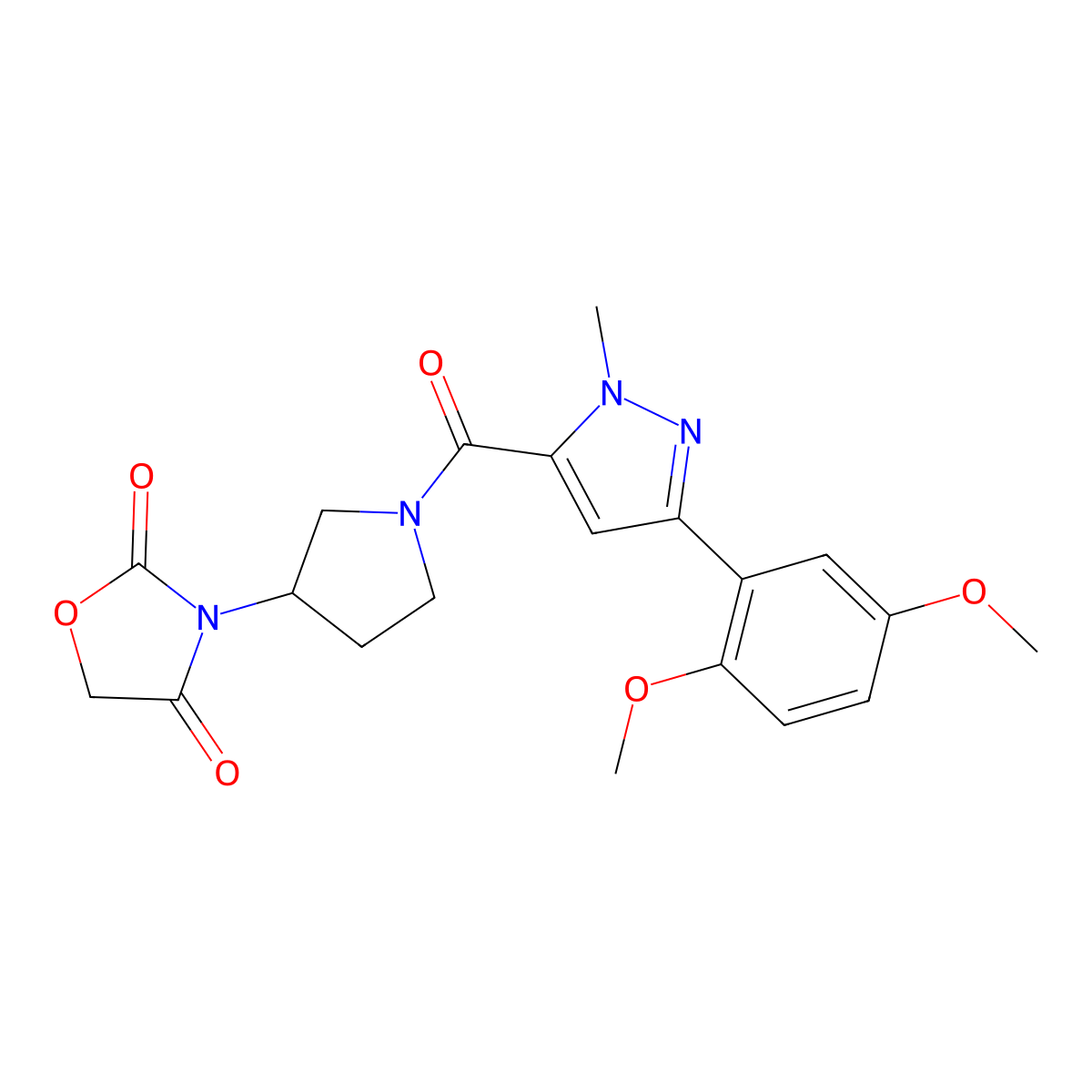 3-(1-(3-(2,5-dimethoxyphenyl)-1-methyl-1H-pyrazole-5-carbonyl)pyrrolidin-3-yl)oxazolidine-2,4-dione molecular structure, CAS 2034314-30-0