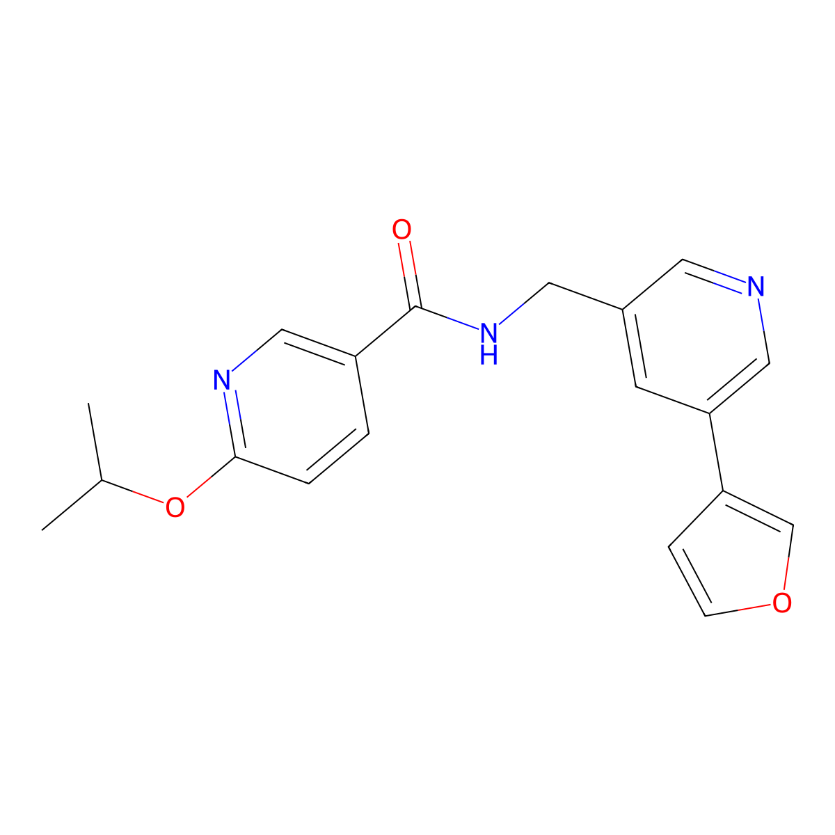 N-((5-(furan-3-yl)pyridin-3-yl)methyl)-6-isopropoxynicotinamide molecular structure, CAS 2034314-31-1