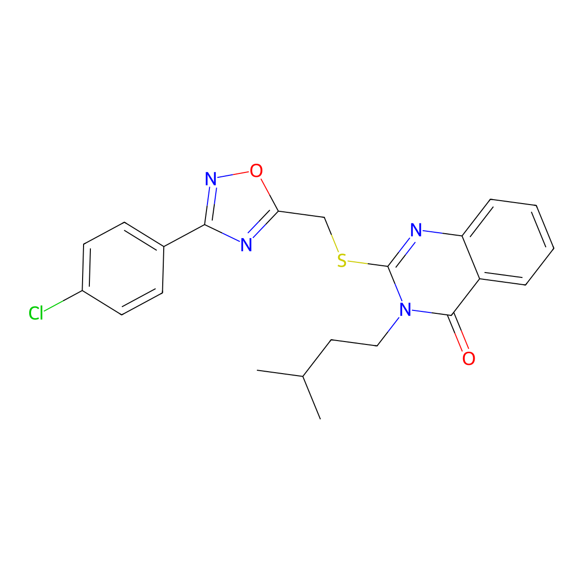 2-(((3-(4-chlorophenyl)-1,2,4-oxadiazol-5-yl)methyl)thio)-3-isopentylquinazolin-4(3H)-one molecular structure, CAS 2034314-53-7