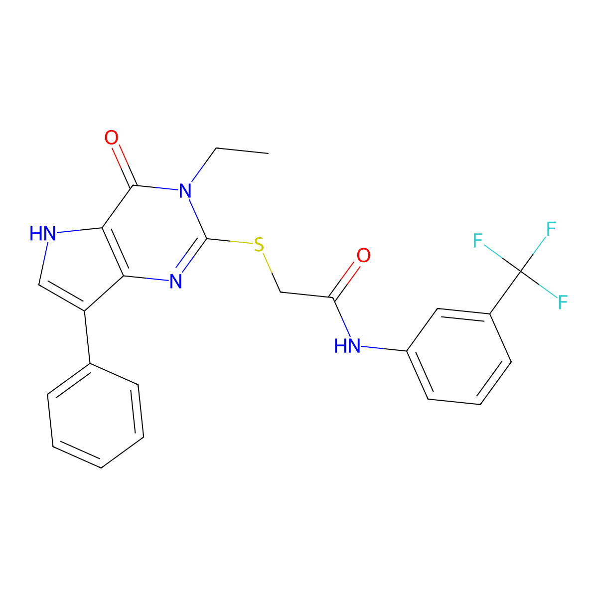 2-((3-ethyl-4-oxo-7-phenyl-4,5-dihydro-3H-pyrrolo[3,2-d]pyrimidin-2-yl)thio)-N-(3-(trifluoromethyl)phenyl)acetamide molecular structure, CAS 2034314-66-2