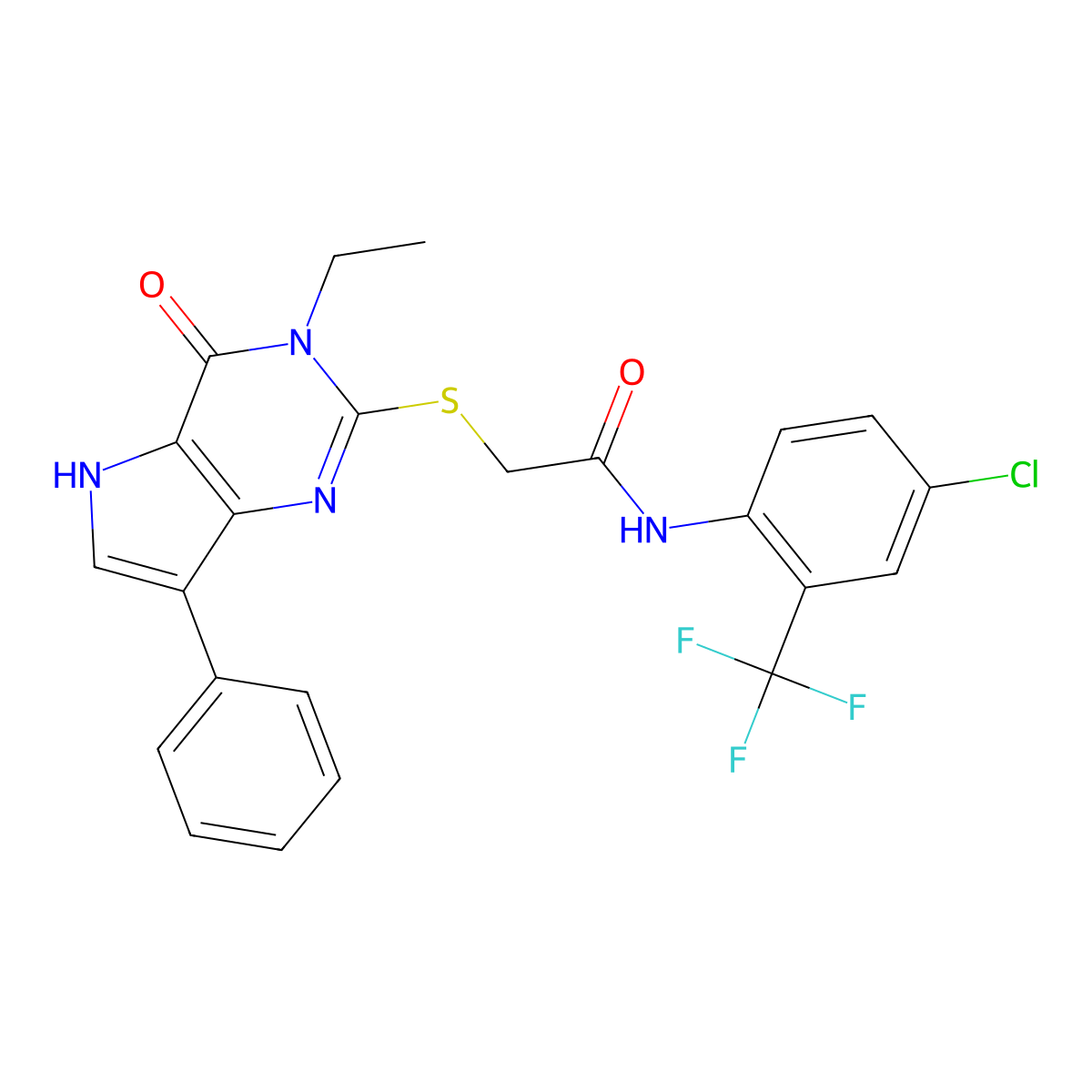 N-(4-chloro-2-(trifluoromethyl)phenyl)-2-((3-ethyl-4-oxo-7-phenyl-4,5-dihydro-3H-pyrrolo[3,2-d]pyrimidin-2-yl)thio)acetamide molecular structure, CAS 2034314-73-1