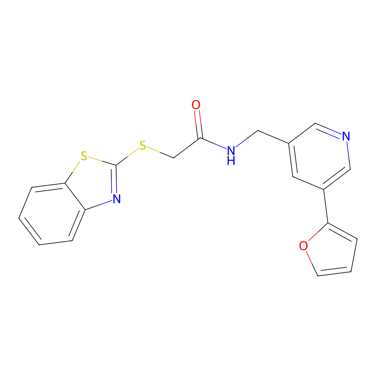 2-(benzo[d]thiazol-2-ylthio)-N-((5-(furan-2-yl)pyridin-3-yl)methyl)acetamide molecular structure, CAS 2034314-76-4