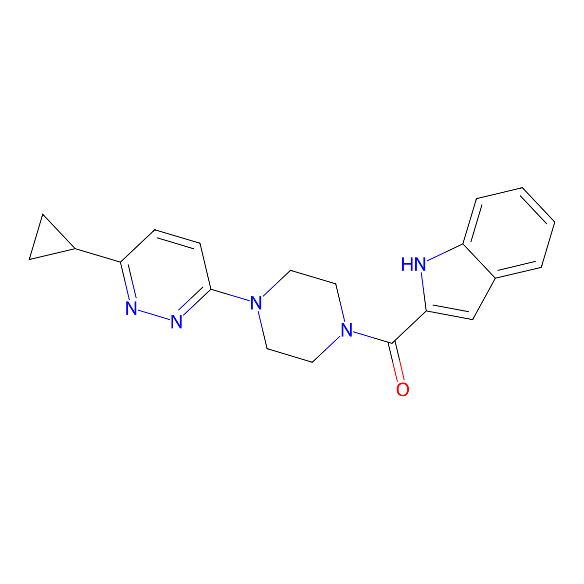 (4-(6-cyclopropylpyridazin-3-yl)piperazin-1-yl)(1H-indol-2-yl)methanone molecular structure, CAS 2034314-78-6