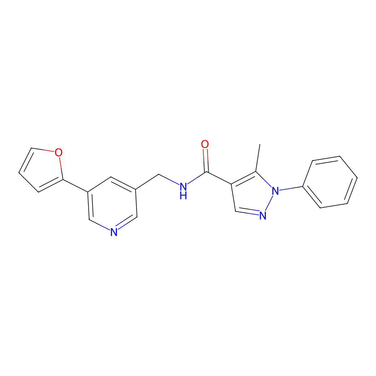 N-((5-(furan-2-yl)pyridin-3-yl)methyl)-5-methyl-1-phenyl-1H-pyrazole-4-carboxamide molecular structure, CAS 2034314-90-2