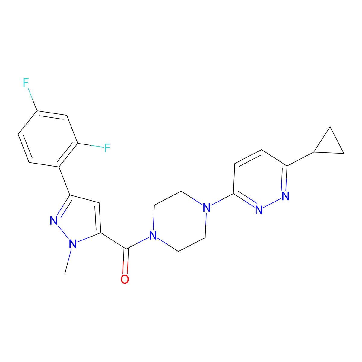(4-(6-cyclopropylpyridazin-3-yl)piperazin-1-yl)(3-(2,4-difluorophenyl)-1-methyl-1H-pyrazol-5-yl)methanone molecular structure, CAS 2034314-97-9