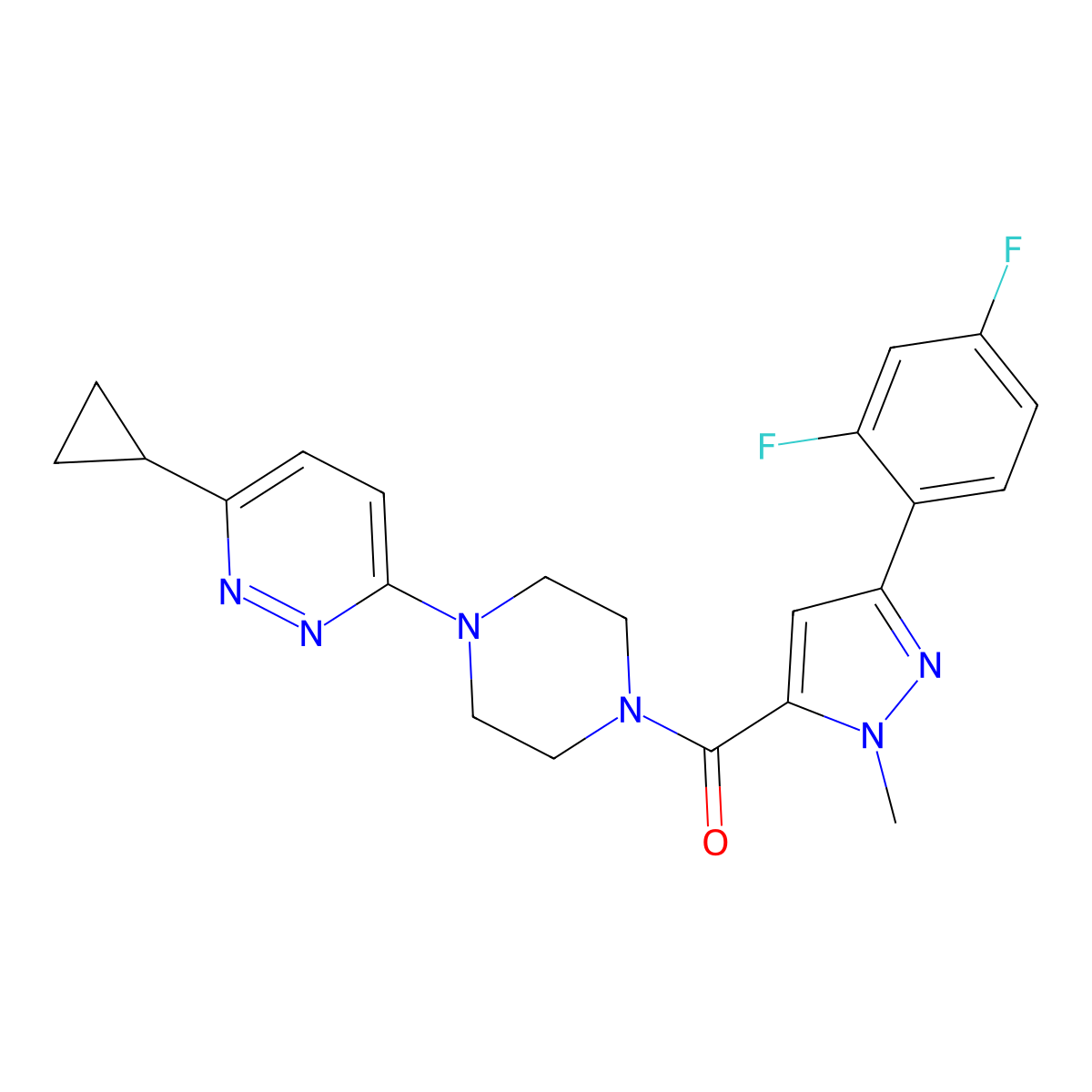 (4-(6-cyclopropylpyridazin-3-yl)piperazin-1-yl)(3-(2,4-difluorophenyl)-1-methyl-1H-pyrazol-5-yl)methanone molecular structure, CAS 2034314-97-9