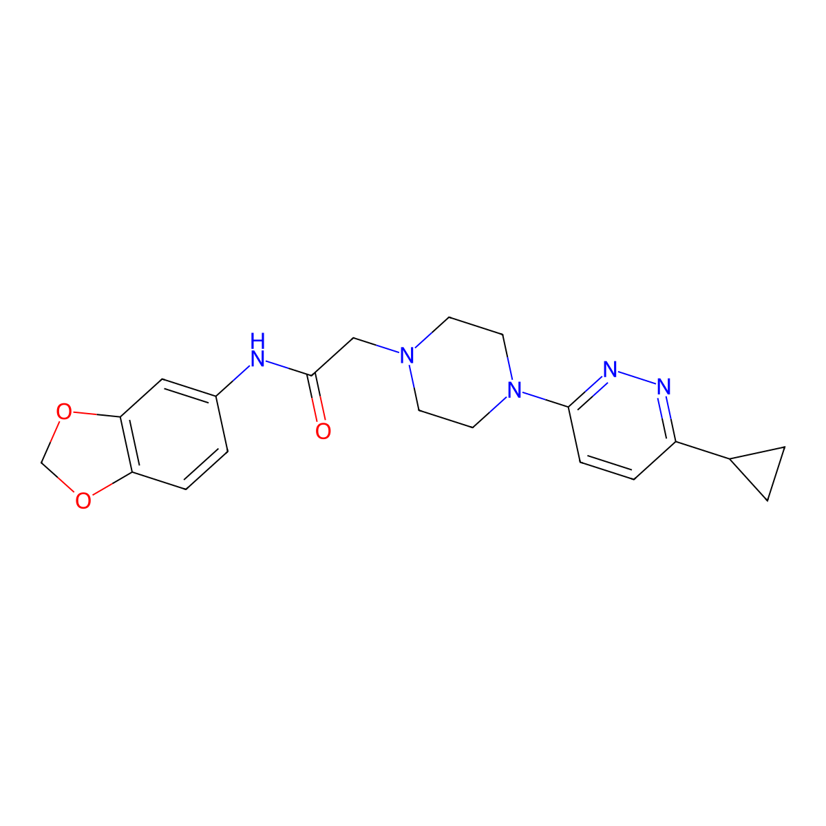 N-(benzo[d][1,3]dioxol-5-yl)-2-(4-(6-cyclopropylpyridazin-3-yl)piperazin-1-yl)acetamide molecular structure, CAS 2034315-12-1