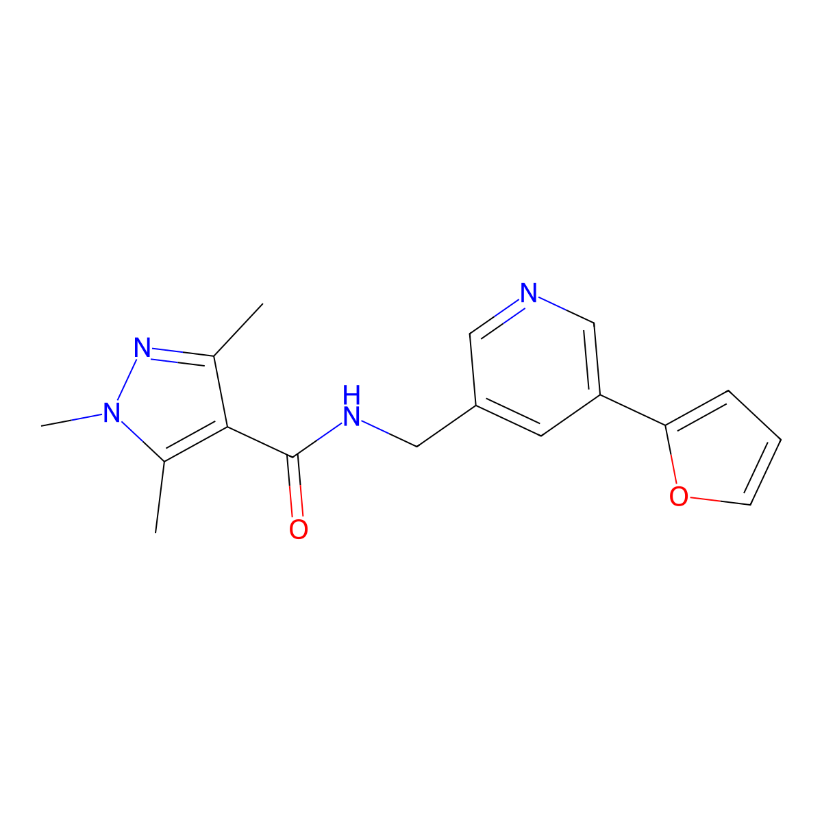 N-{[5-(furan-2-yl)pyridin-3-yl]methyl}-1,3,5-trimethyl-1H-pyrazole-4-carboxamide molecular structure, CAS 2034315-41-6